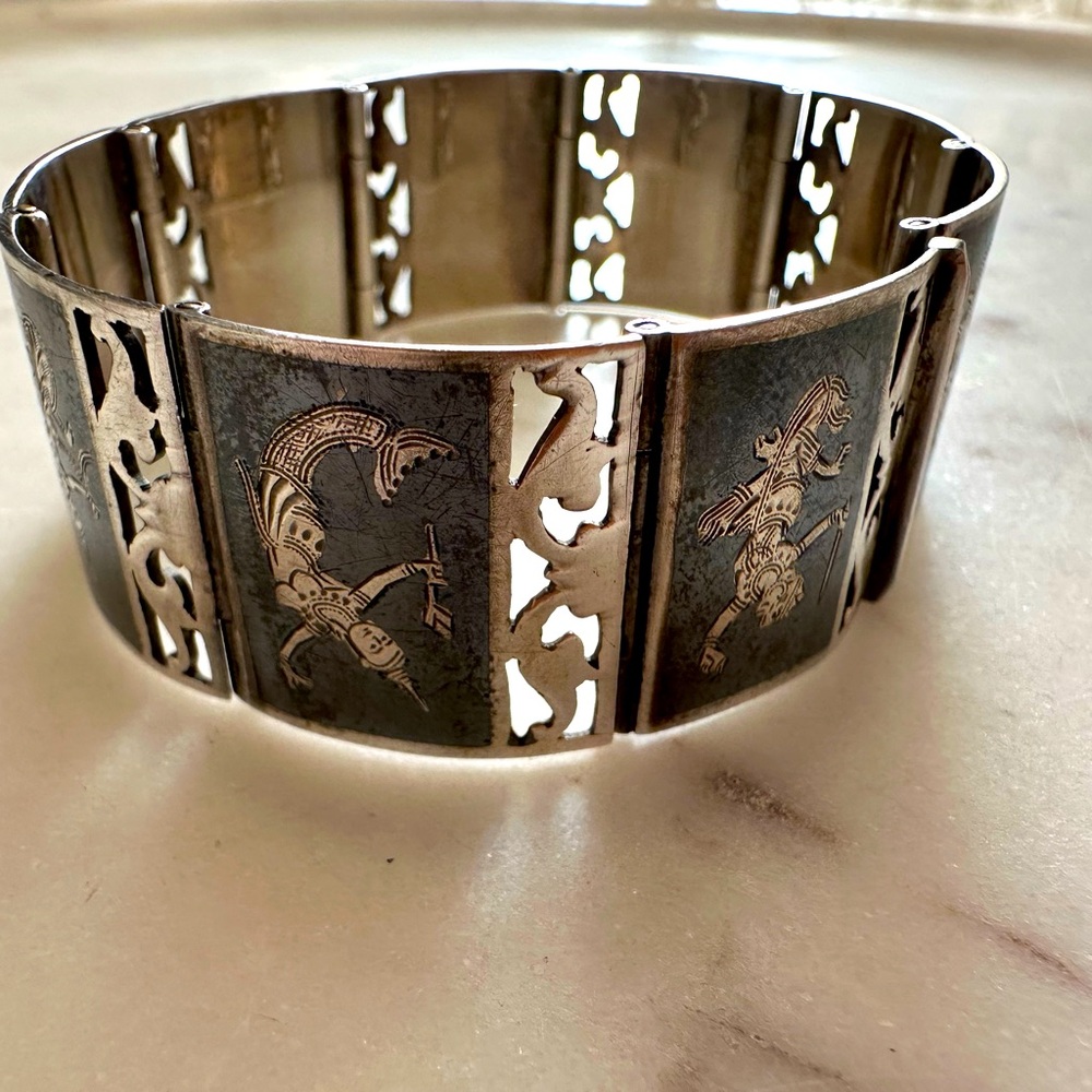 Vintage Siam Silver Niello Enamel Dancers w Openwork Panel Bracelet Sterling